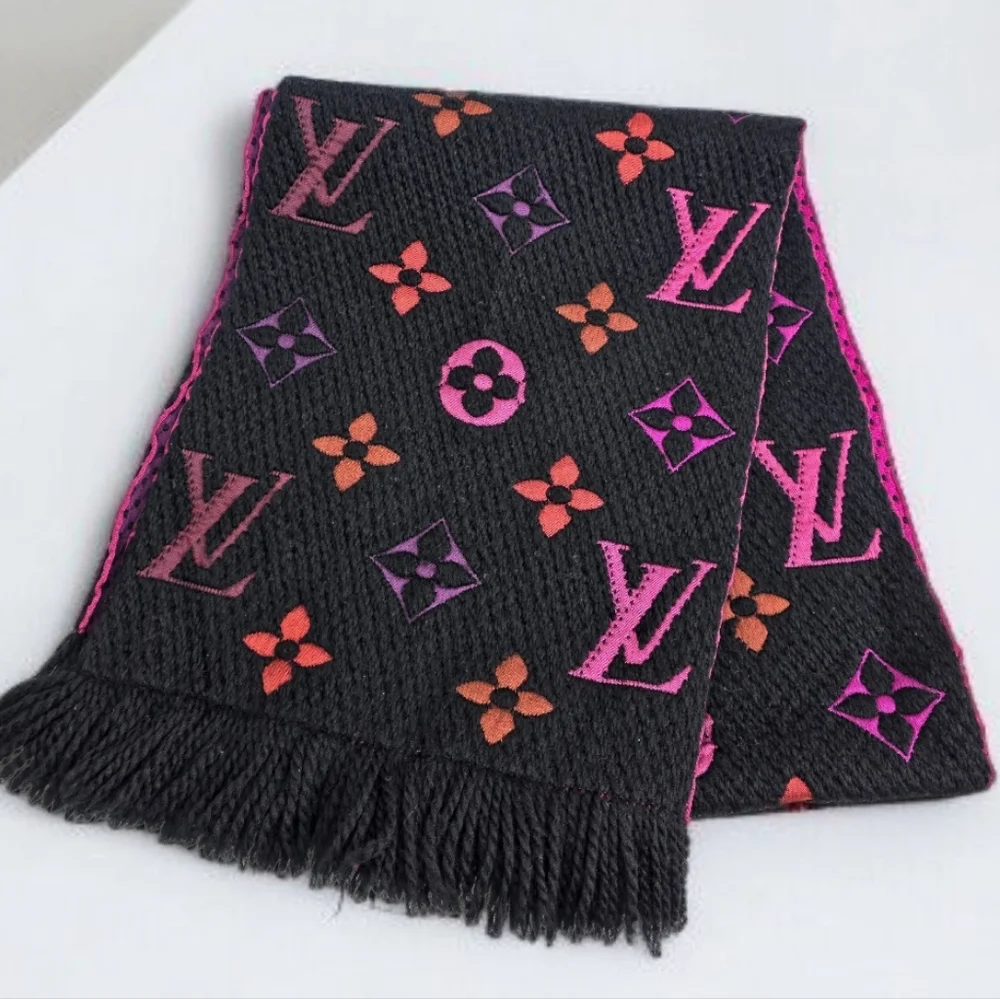 Louis Vuitton Echarpe Logomania Rainbow Wool Silk Scarf Black Pink